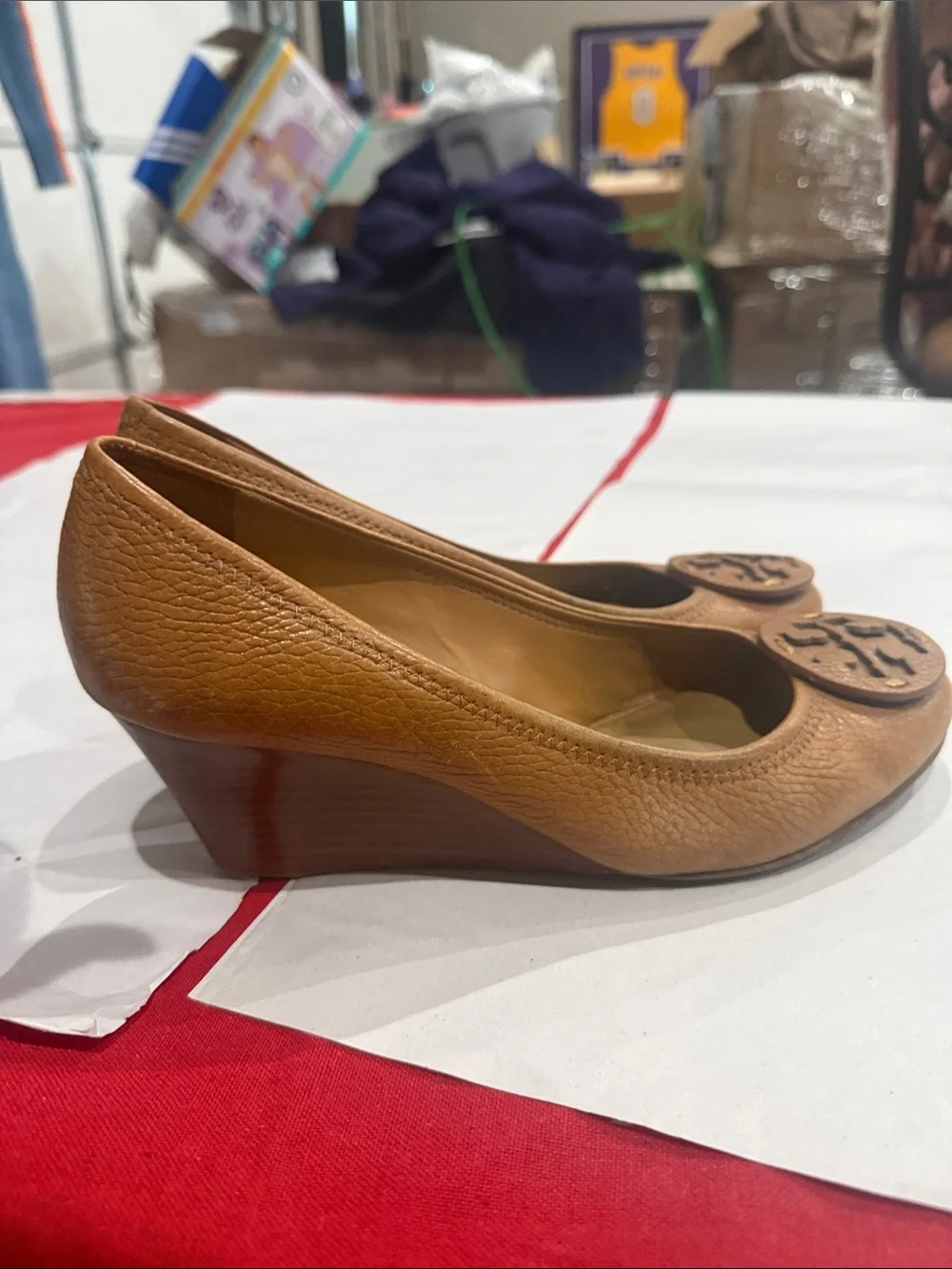 Tory Burch Tan Leather wedged heels with Signature Logo Medallion